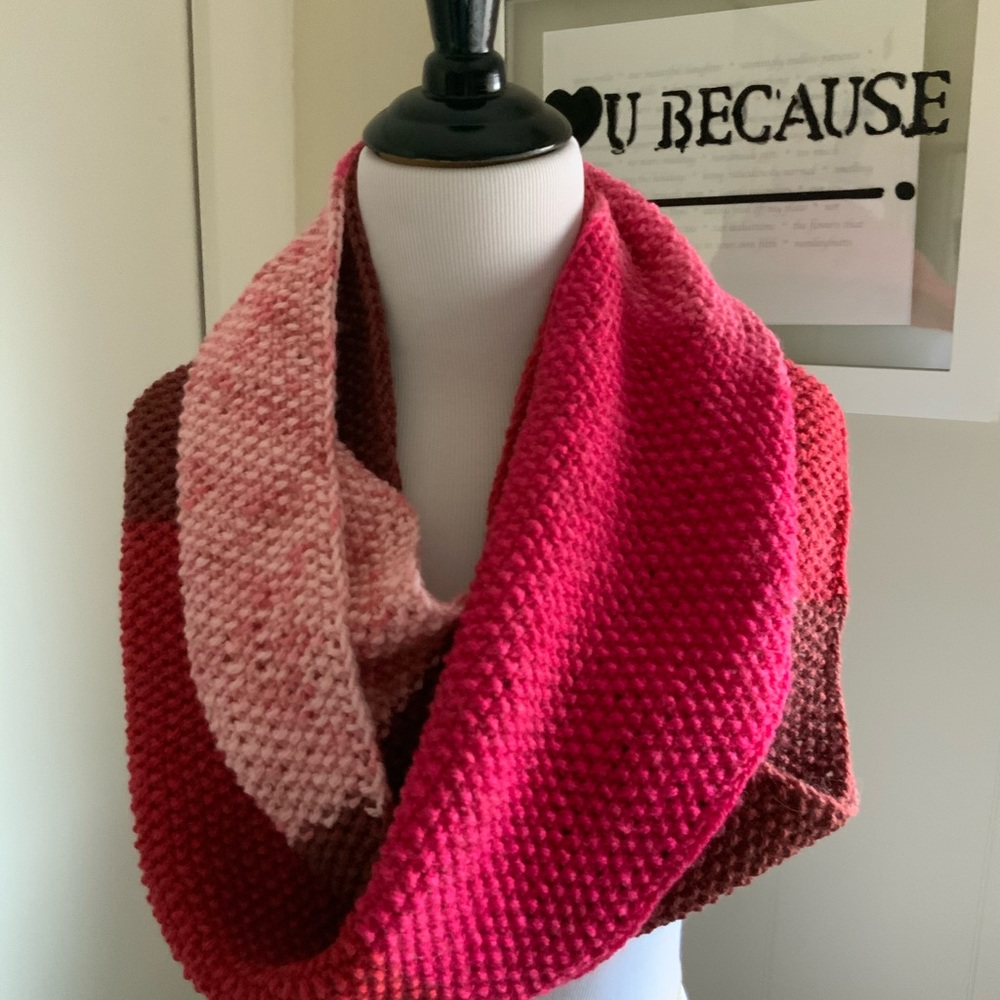 Hand know scarf/cowl. Wear single or doubled as a cowl. Red ombré color changes